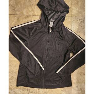 A3  Champion black zip up athletic hooded jacket with white striped long sleeves